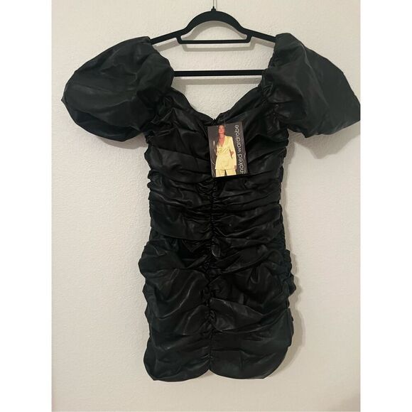 Naked Wardrobe Black Faux Leather Ruched Mini Dress. MSRP $484! NEW NWT - Picture 4 of 6